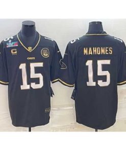 Marvelous Kansas City Chiefs 15 Patrick Mahomes Black Gold Super Bowl LVII Patch And 4 Star C Patch Vapor Untouchable Limited Stitched Jersey