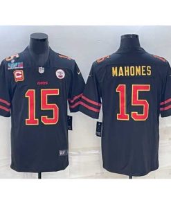 Superb Kansas City Chiefs 15 Patrick Mahomes Black Red Gold Super Bowl LVII Patch And 4 Star C Patch Vapor Untouchable Limited Stitched Jersey