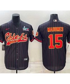 Finest Kansas City Chiefs 15 Patrick Mahomes Black With Super Bowl LVII Patch Cool Base Stitched Baseball Jersey