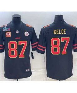 Gorgeous Kansas City Chiefs 87 Travis Kelce Black Red Gold Super Bowl LVII Patch And 4 Star C Patch Vapor Untouchable Limited Stitched Jersey