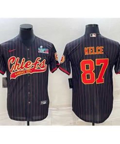Superior Kansas City Chiefs 87 Travis Kelce Black With Super Bowl LVII Patch Cool Base Stitched Baseball Jersey