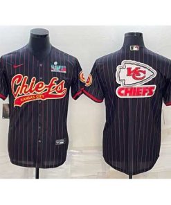 Exquisite Kansas City Chiefs Black Team Big Logo With Super Bowl LVII Patch Cool Base Stitched Baseball Jersey