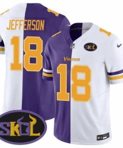 Premium Minnesota Vikings 18 Justin Jefferson Purple White Split F.U.S.E SKOL Patch Stitched Jersey