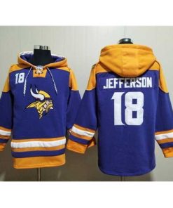 Outstanding Minnesota Vikings 18 Justin Jefferson Purple Yellow Ageless Must Have Lace Up Pullover Hoodie