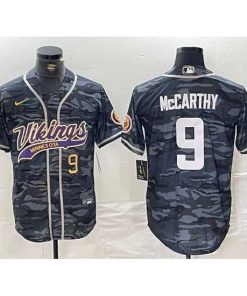 Gorgeous Minnesota Vikings 9 J J  McCarthy Grey Camo Cool Base Stitched Baseball Jersey 1