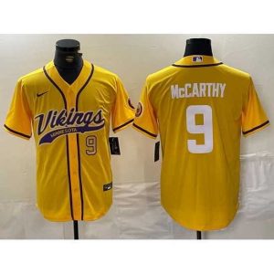 Exceptional Minnesota Vikings 9 J J  McCarthy Yellow Cool Base Stitched Baseball Jersey 1