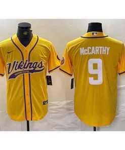 Gorgeous Minnesota Vikings 9 J J  McCarthy Yellow Cool Base Stitched Baseball Jersey