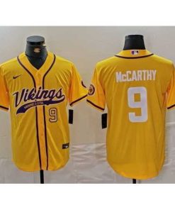 Finest Minnesota Vikings 9 J J  McCarthy Yellow Cool Base Stitched Baseball Jersey