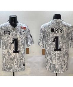 Exceptional Philadelphia Eagles 1 Jalen Hurts Arctic Camo 2025 Super Bowl LIX Patch F.U.S.E Salute To Service Limited Stitched Football Jersey