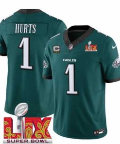 Superior Philadelphia Eagles 1 Jalen Hurts Green 2025 Super Bowl LIX Patch With 3 Star C Patch New F.U.S.E  Vapor Untouchable Limited Stitched Football Jersey