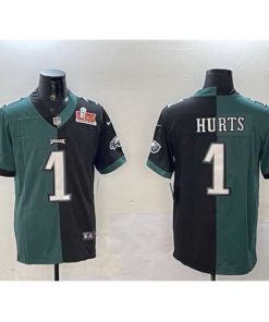 Superb Philadelphia Eagles 1 Jalen Hurts Green  26 Black Split 2025 Super Bowl LIX Patch Vapor Untouchable Limited Stitched Football Jersey