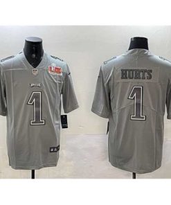 High quality Philadelphia Eagles 1 Jalen Hurts Grey 2025 Super Bowl LIX Patch Atmosphere Fashion Vapor Untouchable Limited Stitched Football Jersey