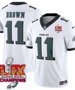 Exceptional Philadelphia Eagles 11 A J  Brown White 2025 Eagles Logo Super Bowl LIX Patch New F.U.S.E  Vapor Untouchable Limited Stitched Football Jersey
