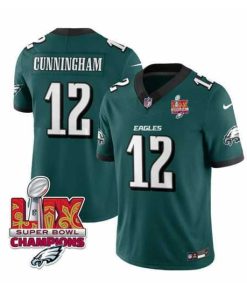 Outstanding Philadelphia Eagles 12 Randall Cunningham Green 2025 Eagles Logo Super Bowl LIX Patch New F.U.S.E  Vapor Limited Stitched Football Jersey