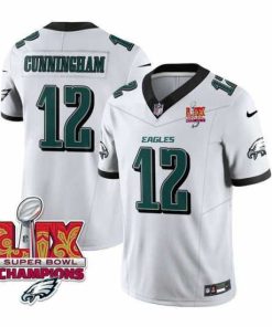 Outstanding Philadelphia Eagles 12 Randall Cunningham White 2025 Eagles Logo Super Bowl LIX Patch New F.U.S.E  Vapor Limited Stitched Football Jersey