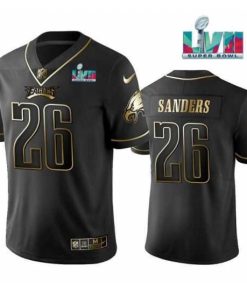 Exceptional Philadelphia Eagles 26 Miles Sanders Black Golden Super Bowl LVII Patch Edition Stitched Football Jersey