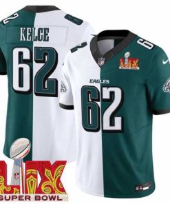 Exquisite Philadelphia Eagles 62 Jason Kelce White Green Split 2025 Super Bowl LIX Patch F.U.S.E  Vapor Untouchable Limited Stitched Football Jersey