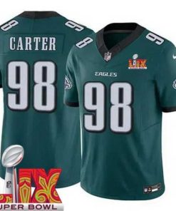 Superb Philadelphia Eagles Jalen Carter #98 Green 2024 2025 Super Bowl LIX F.U.S.E Stitched NFL Jersey
