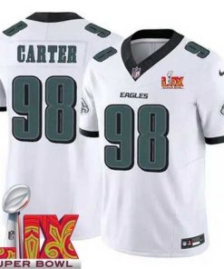 Exquisite Philadelphia Eagles Jalen Carter #98 White 2024 2025 Super Bowl LIX F.U.S.E Stitched NFL Jersey