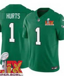 Outstanding Philadelphia Eagles Jalen Hurts #1 Kelly Green 2024 2025 Super Bowl LIX F.U.S.E Stitched NFL Jersey