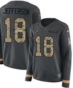 Premium Vikings #18 Justin Jefferson Anthracite Salute to Service Women's Stitched NFL Limited Therma Long Sleeve Jersey
