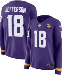 Exceptional Vikings #18 Justin Jefferson Purple Team Color Women's Stitched NFL Limited Therma Long Sleeve Jersey