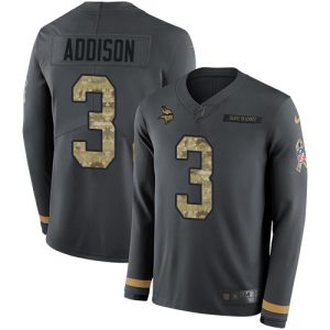 Premium Vikings #3 Jordan Addison Anthracite Salute to Service Youth Stitched NFL Limited Therma Long Sleeve Jersey