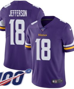 Premium Vikings #18 Justin Jefferson Purple Team Color Men's Stitched NFL 100th Season Vapor Untouchable Limited Jersey