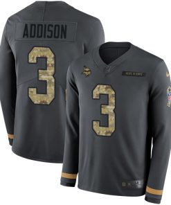 High quality Vikings #3 Jordan Addison Anthracite Salute to Service Men's Stitched NFL Limited Therma Long Sleeve Jersey